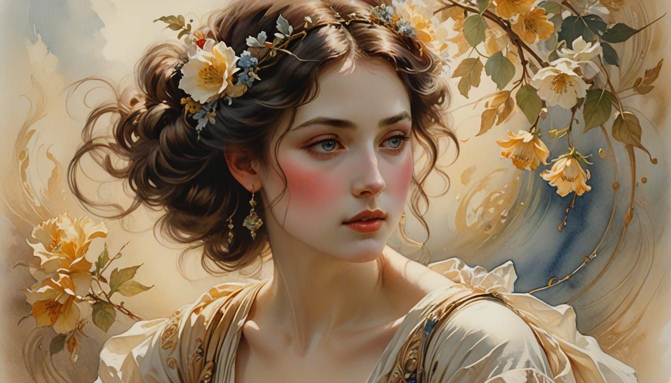 Romantic Hyperrealistic Watercolor Portrait of a Rapturous H...
