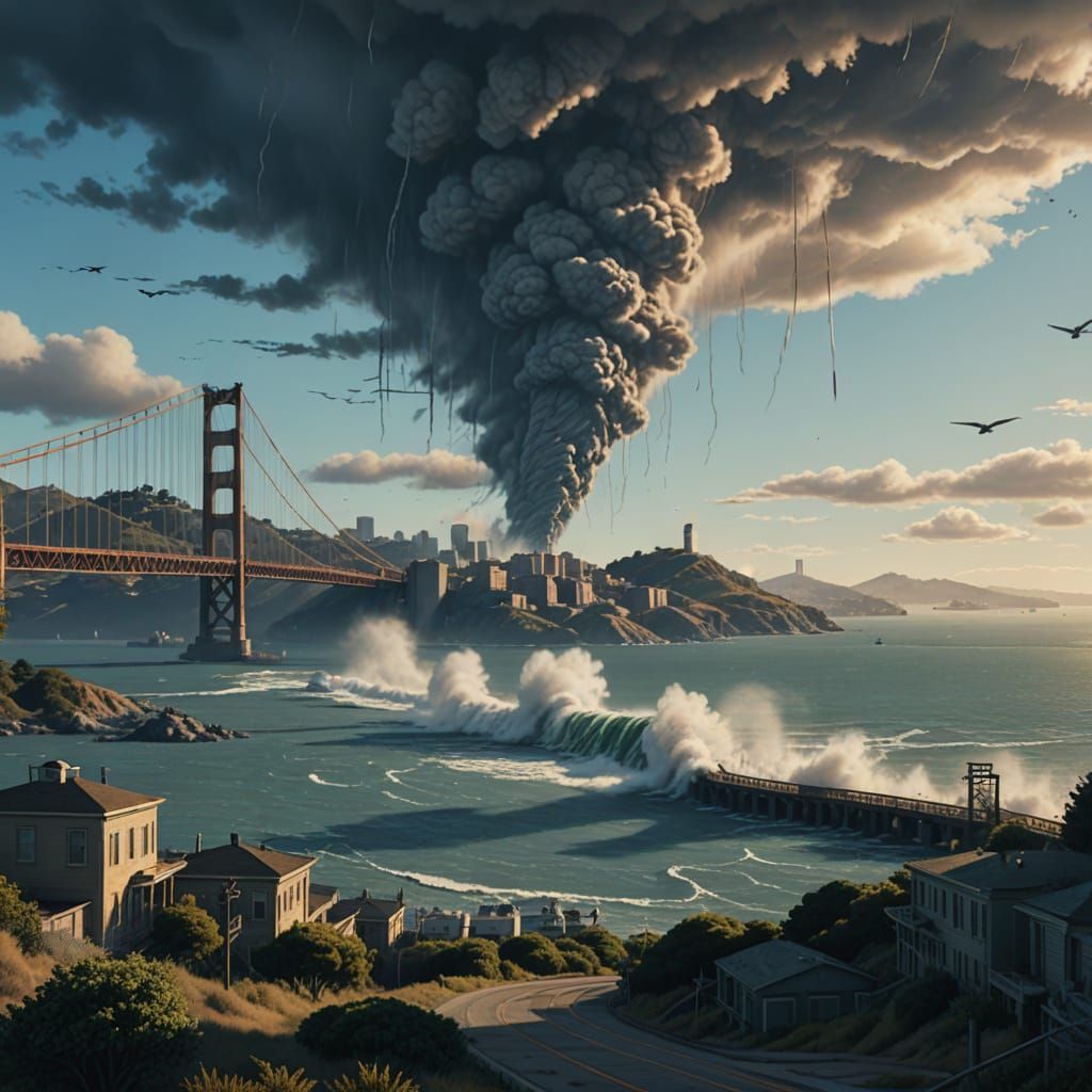 Realistic Tornadoes Near San Francisco Suspension Bridge