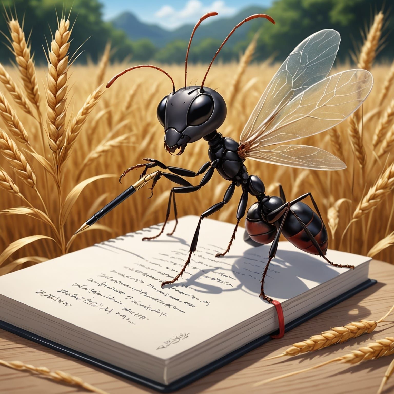 Beautiful Realistic Ant Holding a Pen Counting Grains of Whe...