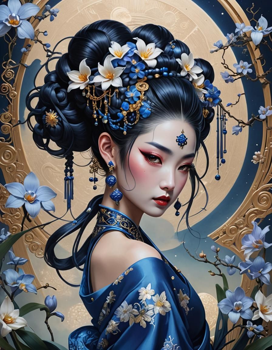 Blue Space Geisha with Silk and Moon Beads