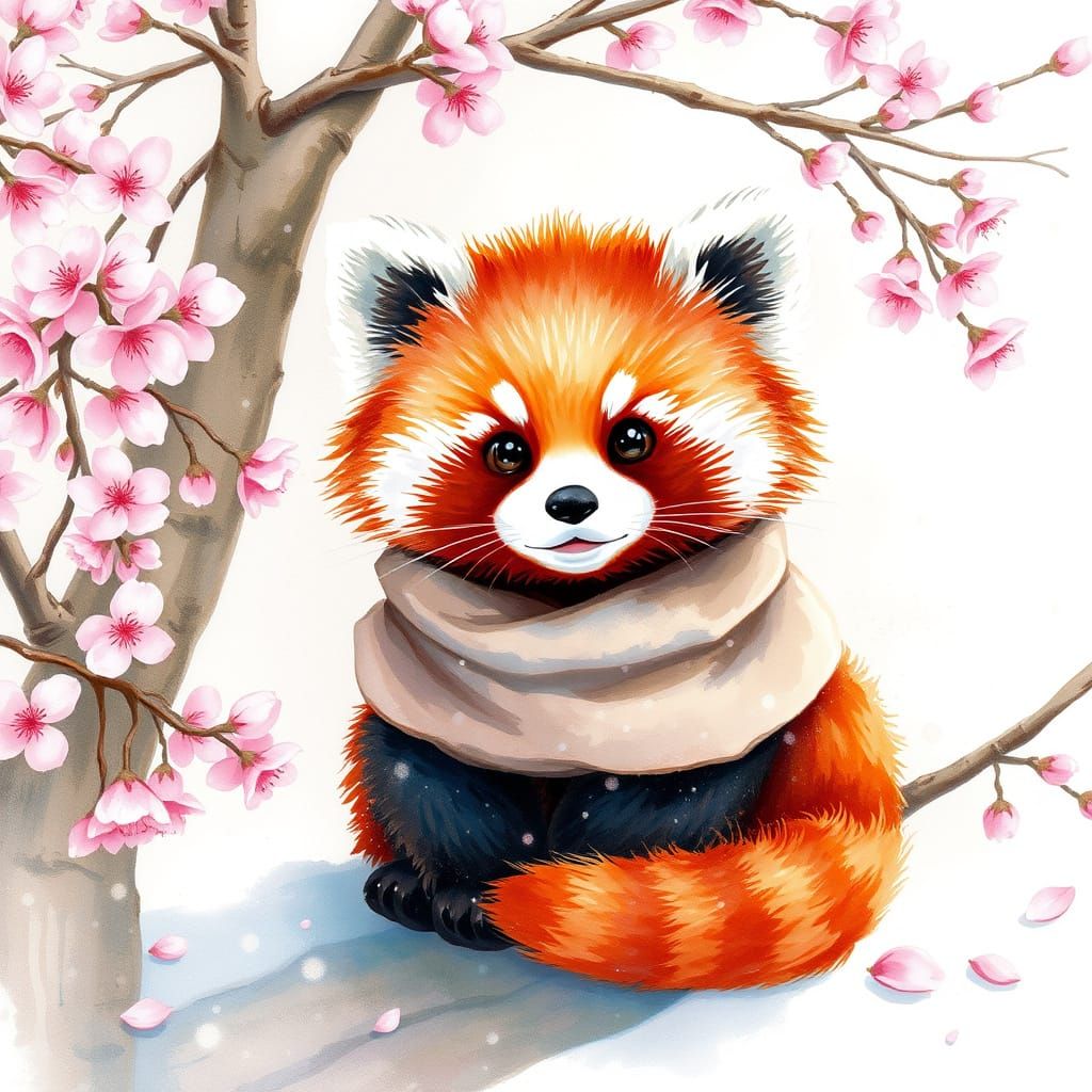 Adorable Red Panda in Cherry Blossom Tree, Impressionist Win...