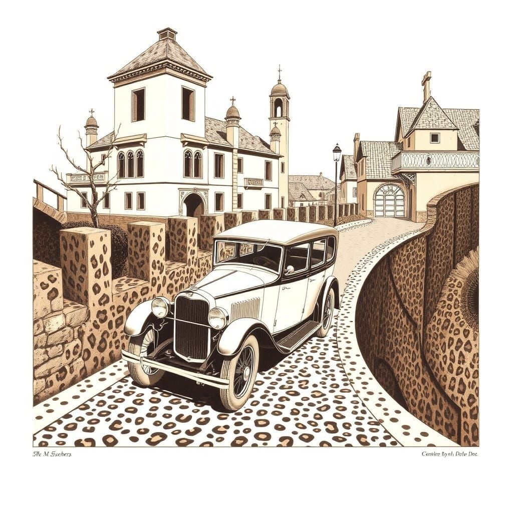 Sepia Lithograph: Escher-Style Car on Impossible Road