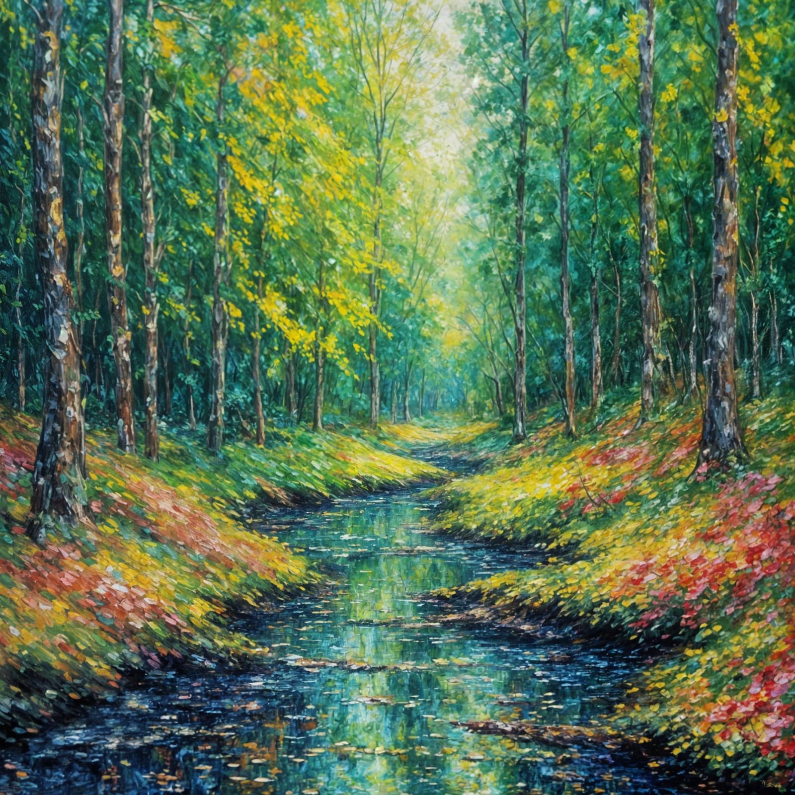 Forest River in Neo-Impressionist Style