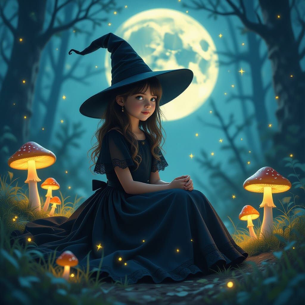 Mystical Girl in Moonlit Forest, Digital Illustration