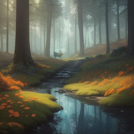 Magical Girl and Dog in Dreamy Forest