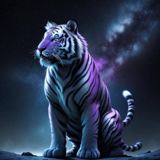 Flaming White Tiger in Galaxy Night Sky