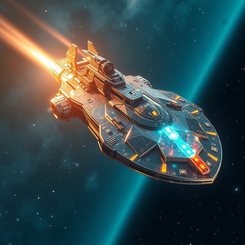 Surreal Starship Soars Through Cosmic Vortex in Iridescent B...