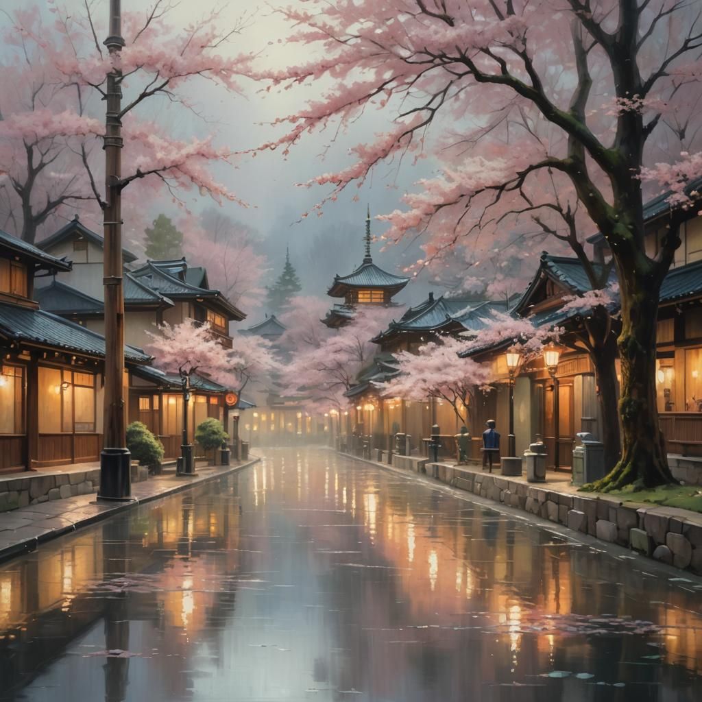 Kyoto Street Scene with Cherry Blossoms as Oil Painting