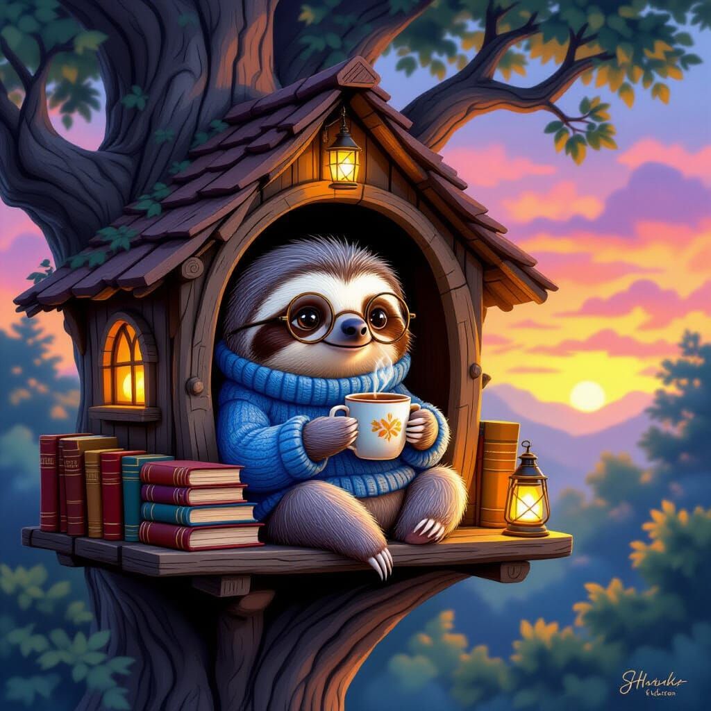 Whimsical Sloth Reading in a Treehouse at Dusk