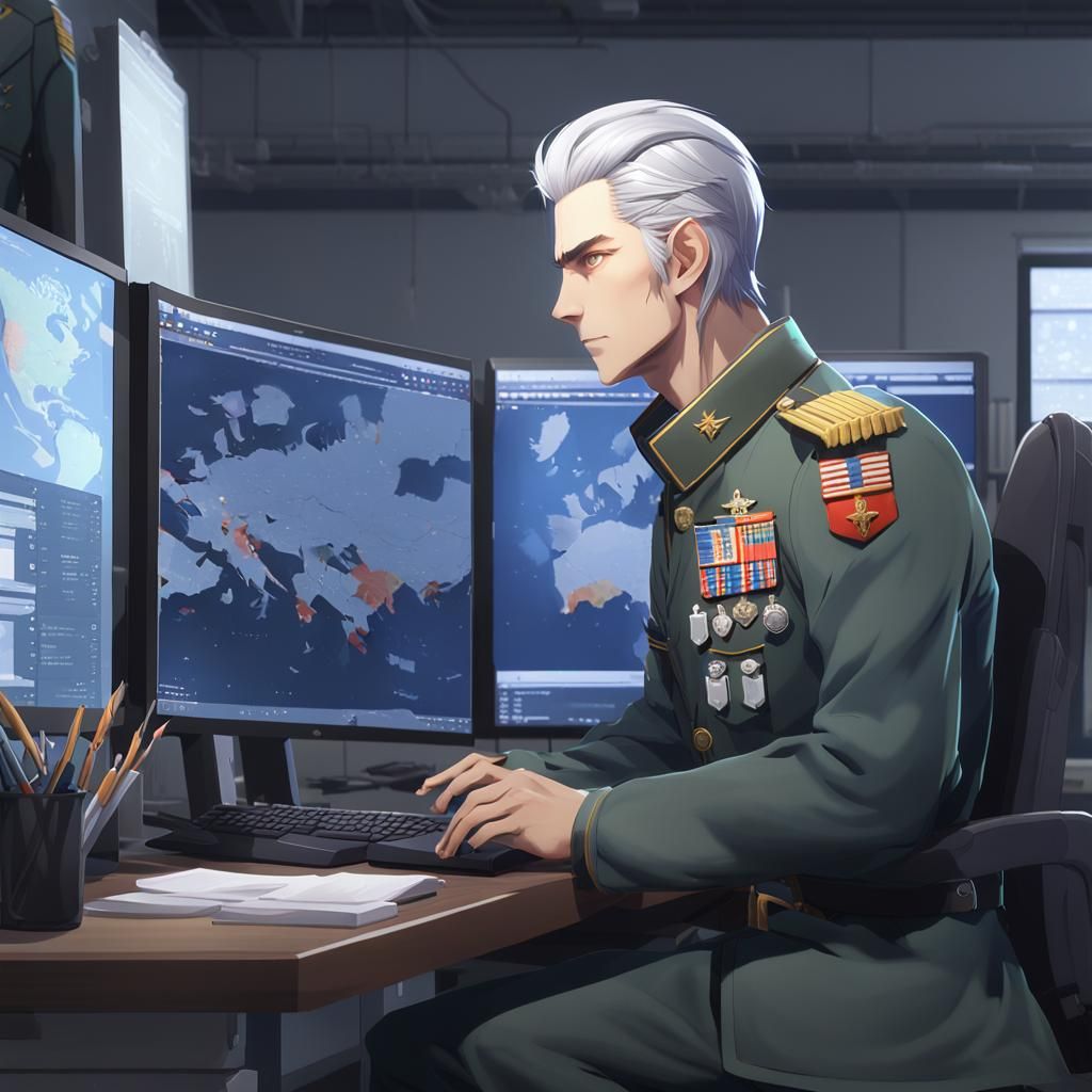 Anime Style Military Man Before Computer Display