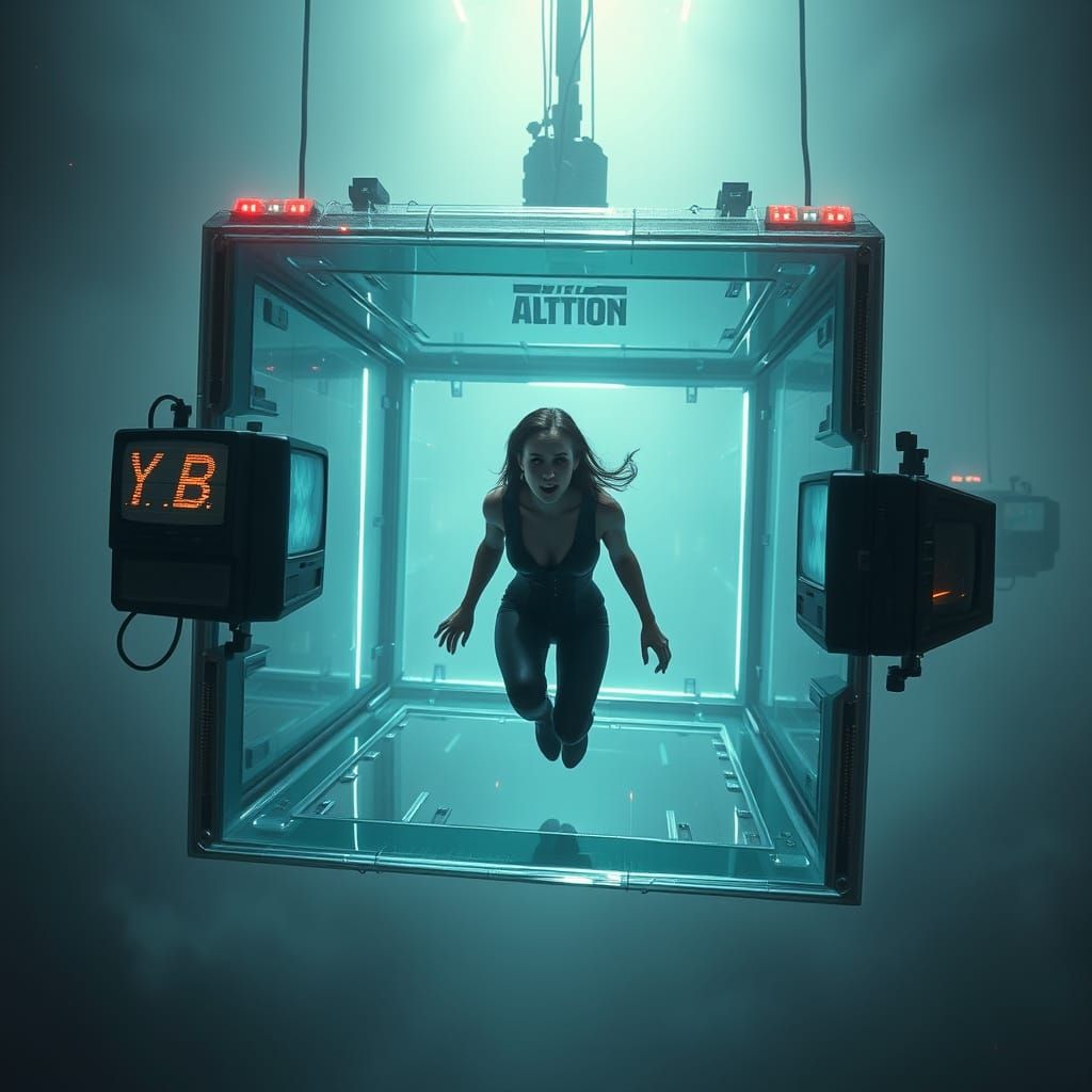 Sleek Woman Trapped in Futuristic Glass Cube in Sci-Fi Unive...