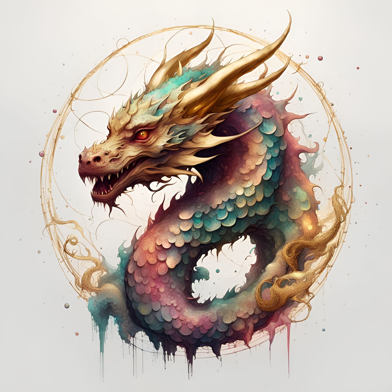 Cosmic Dragon in Geometric Rings, Digital Art