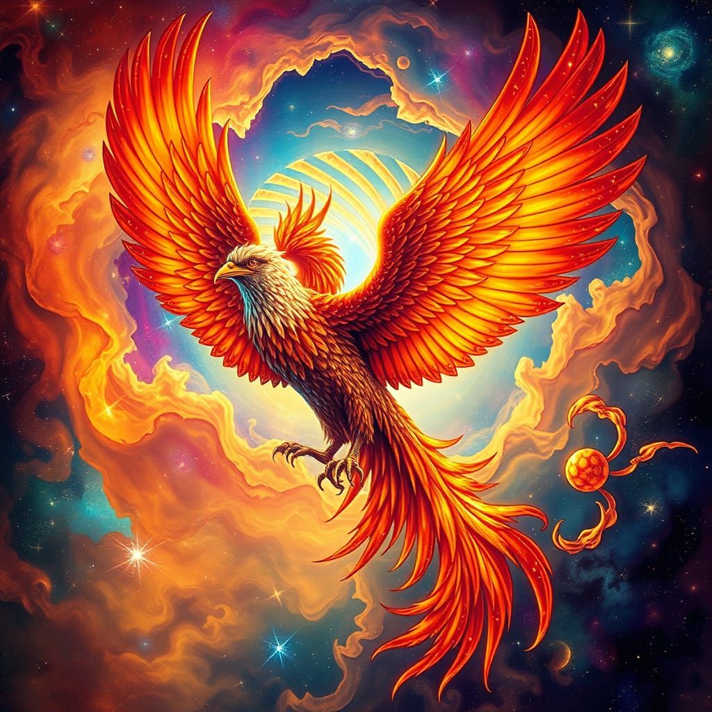 Phoenix Soaring Through Nebula in Art Nouveau Style