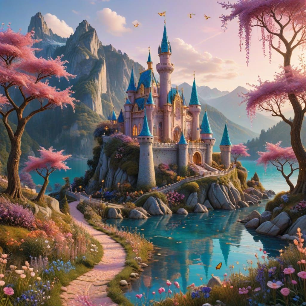 Fantasy Castle Under Sunset with Magical Textile Elements