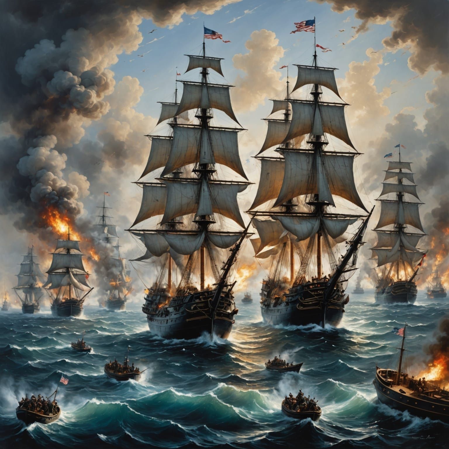 Historic Naval Battle in Epic Oil Painting Style