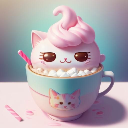 Chibi Marshmallow Cat in Hot Chocolate, Candy Art