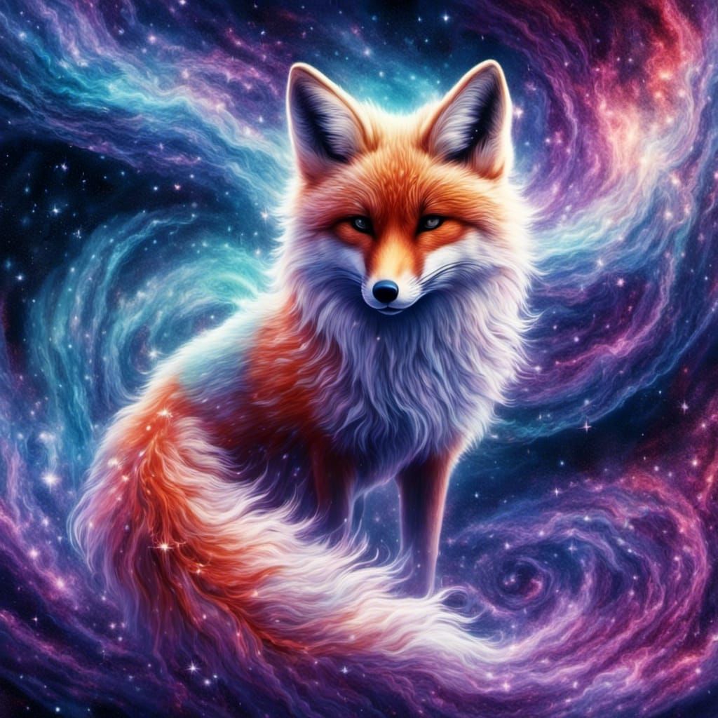 Mythical Fox on Glacier Under Aurora Borealis