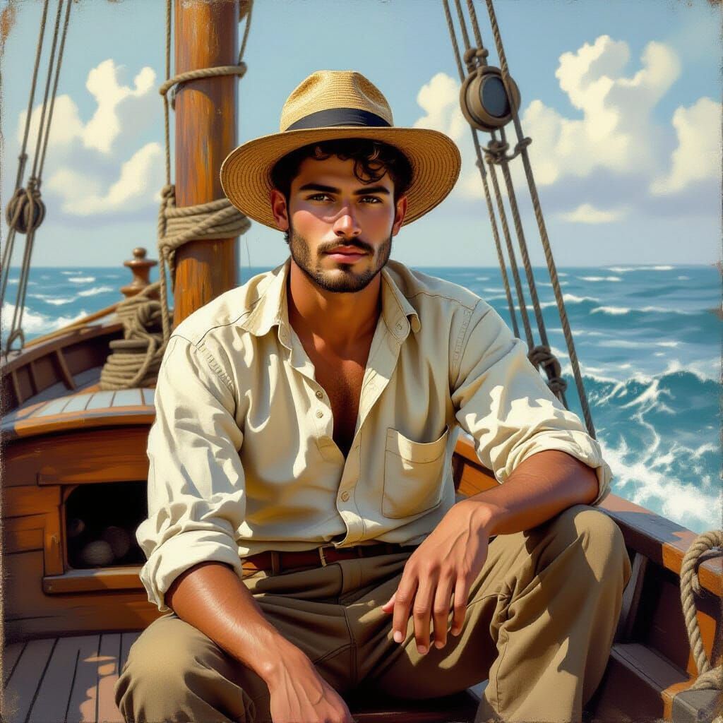 Young Mixed-Race Man on Boat in Dreamlike Style