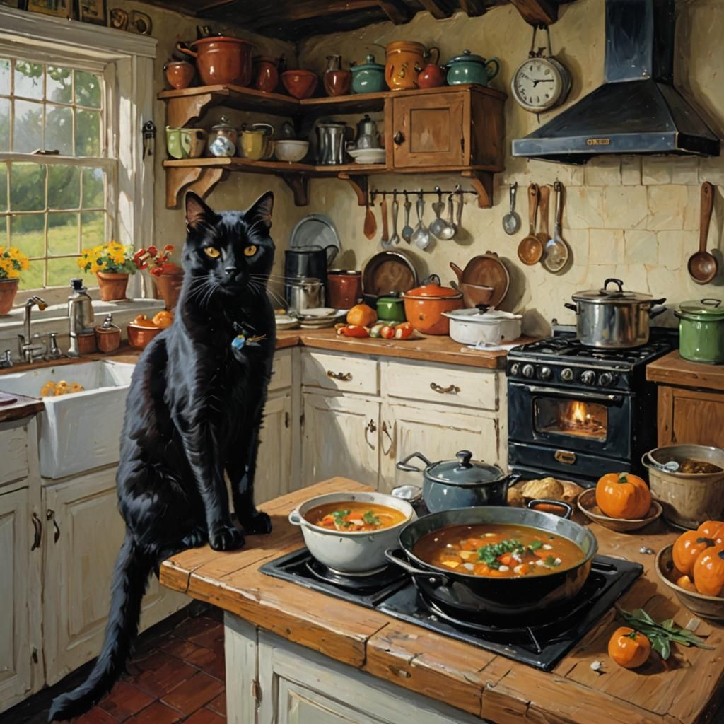 Cozy Cottage Kitchen Cat: Oil Painting