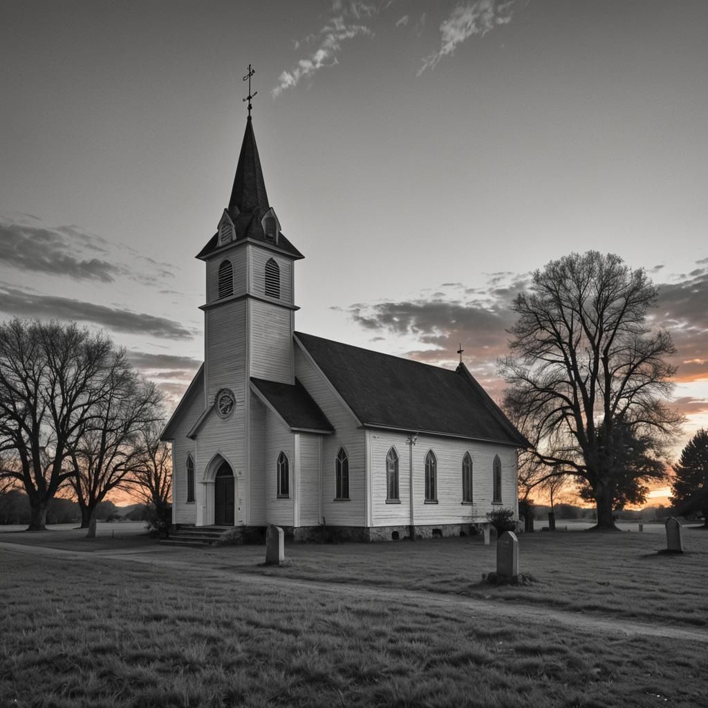 Old Church at Sunset: Black and White Photography