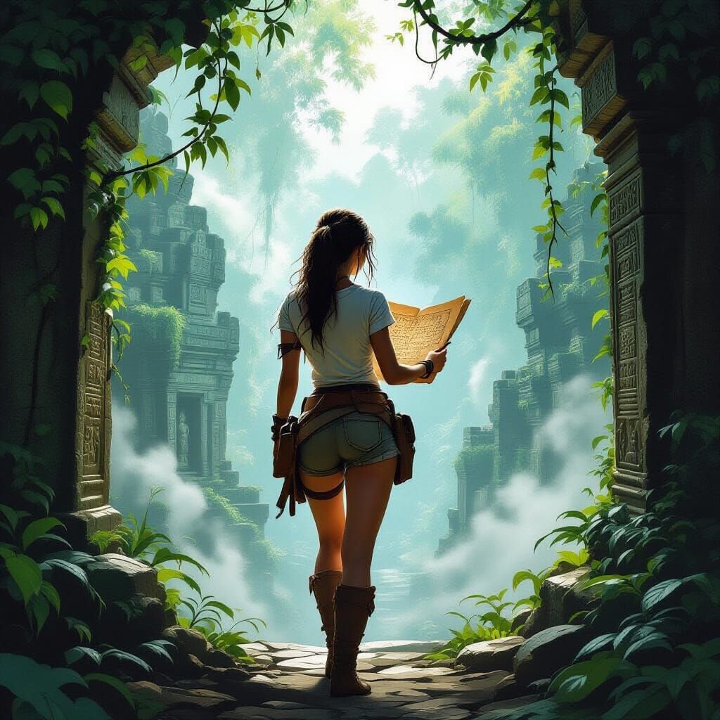 Female Explorer at Ancient Jungle Temple