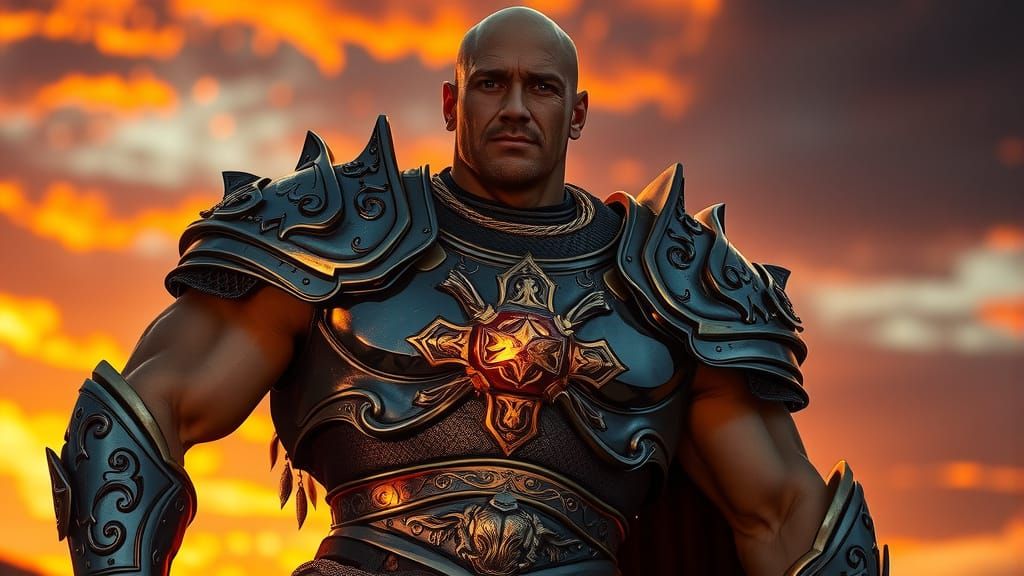 Muscular Warrior in Glowing Armor against Sunset Skies