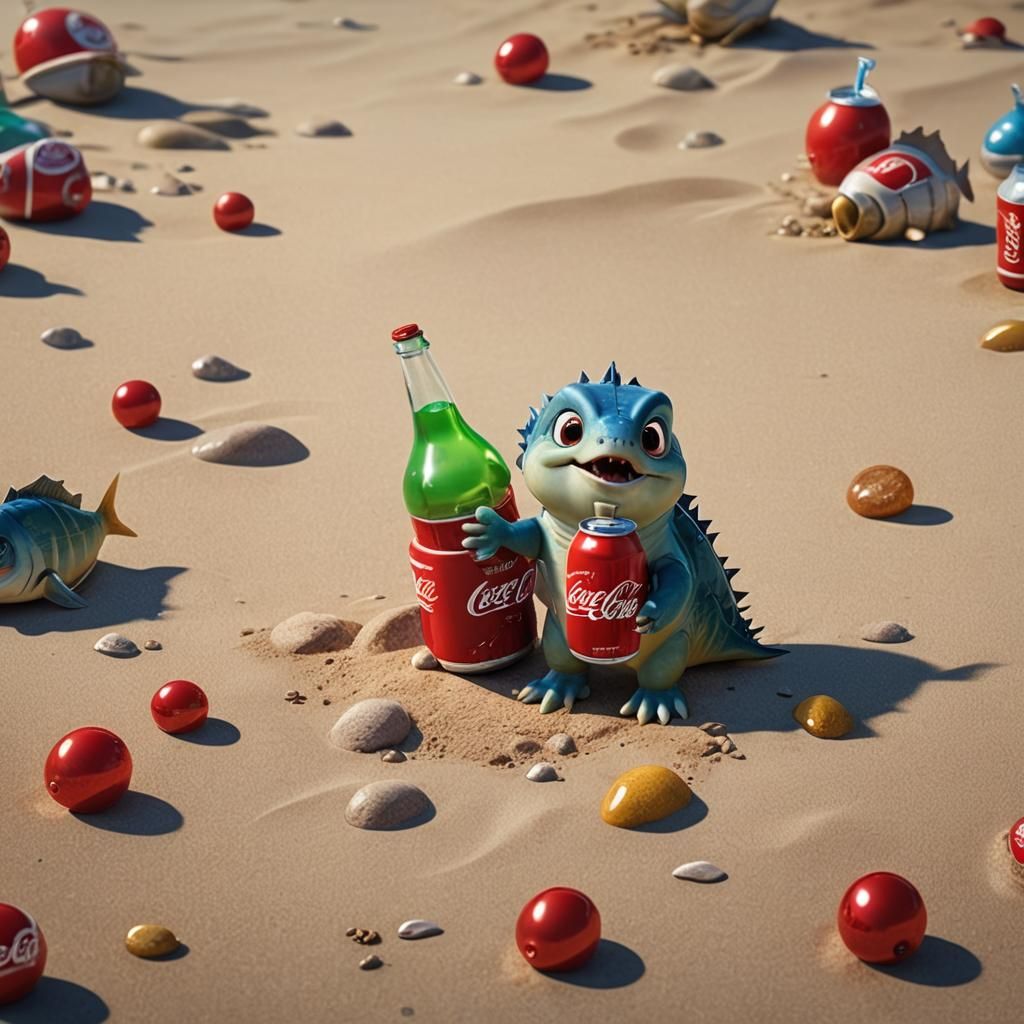 baby piranha drinks Coca-Cola on the seashore