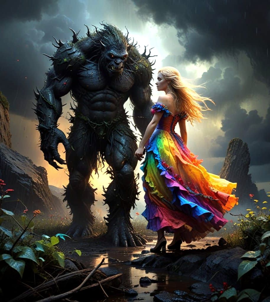 Surreal Woman and Tar Troll: Impressionist Fantasy Art