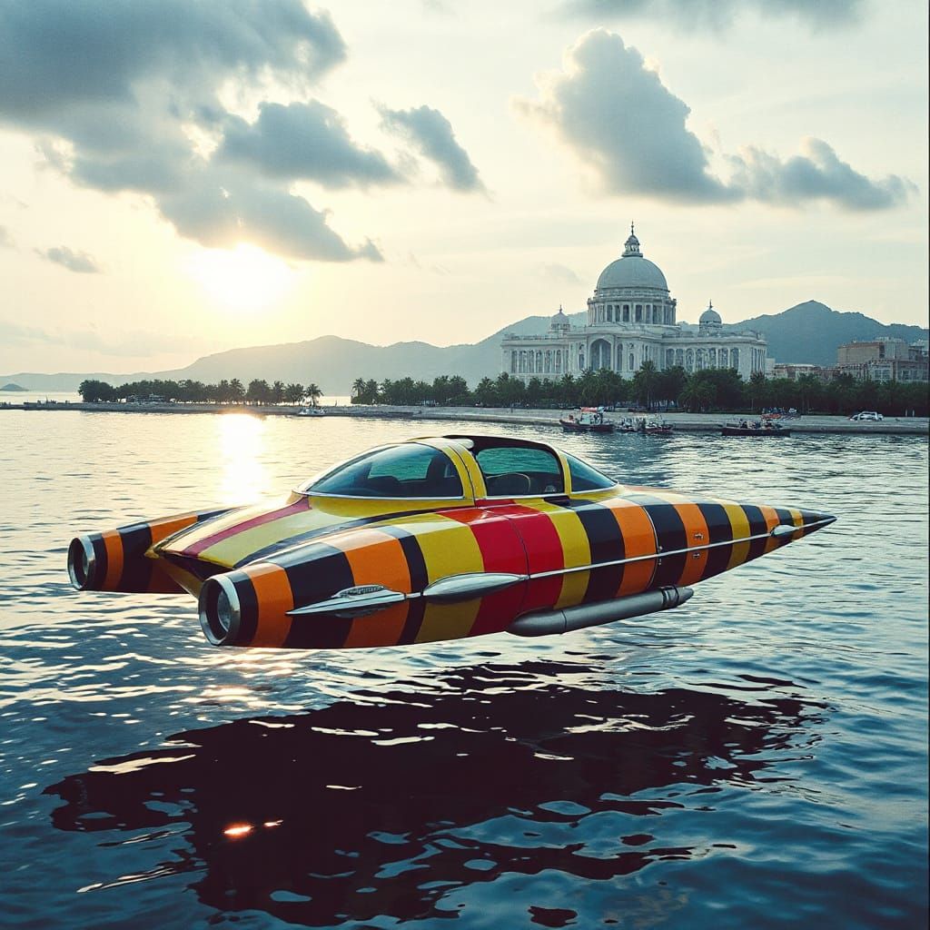 Futuristic Flying Boat Car Over Water Near Domed City