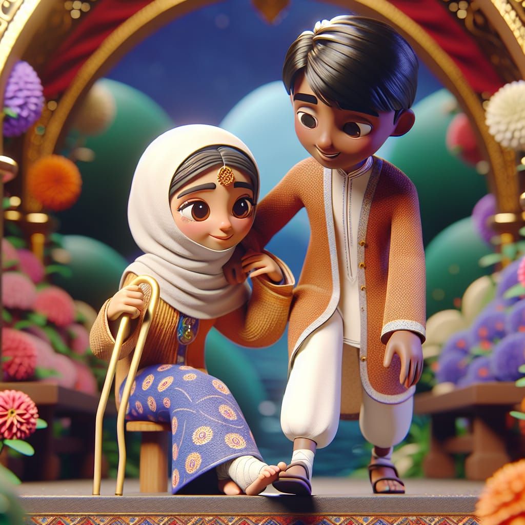 A Disney Pixar style 3D scene featuring two adorable friends...