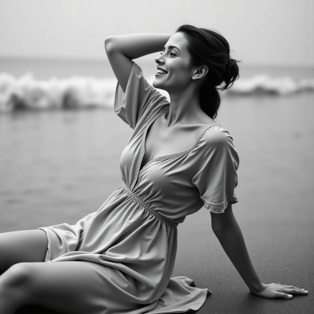 Woman in Serene, Dreamy Beach Scene