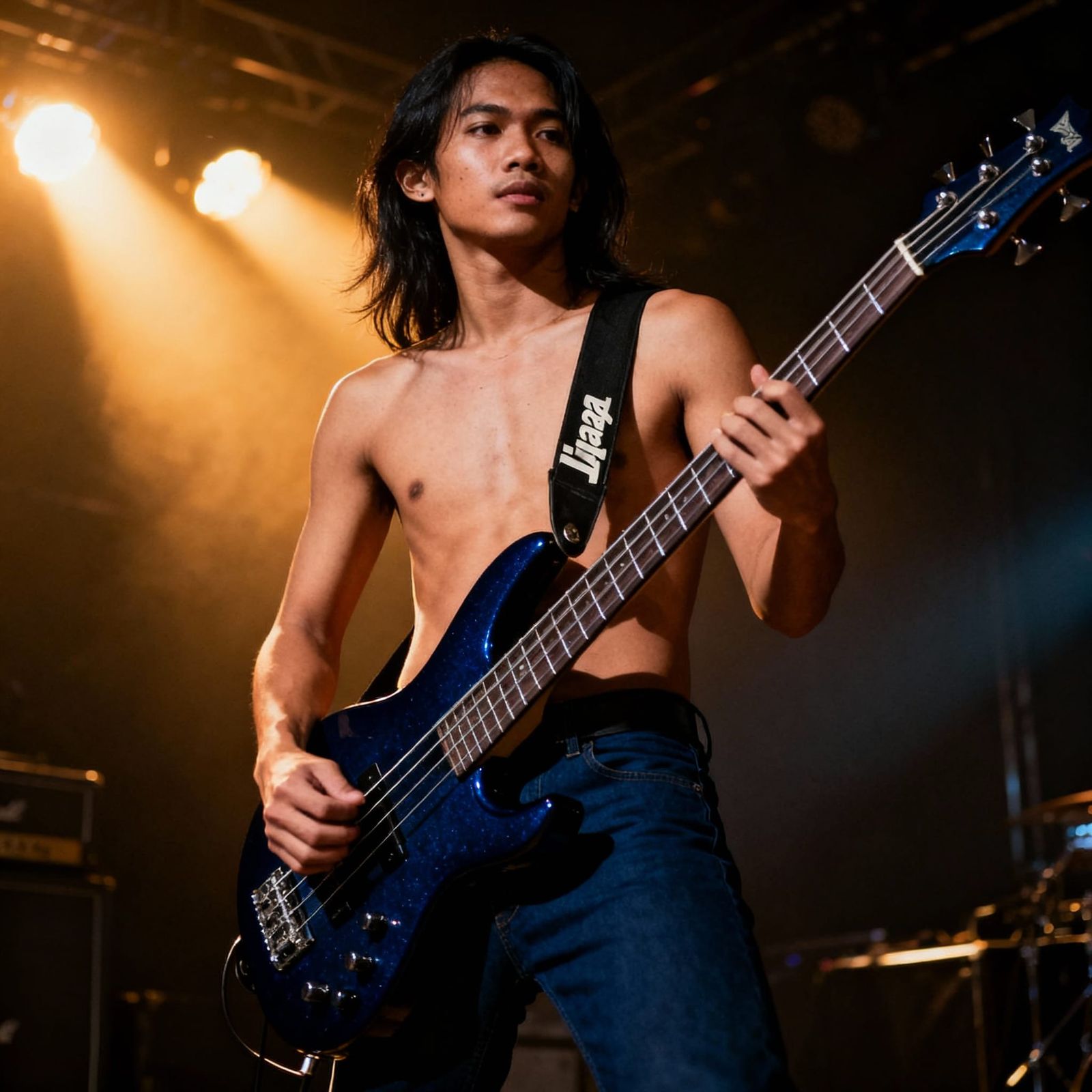 Thai Man with Bass Guitar in Concert Photography Style
