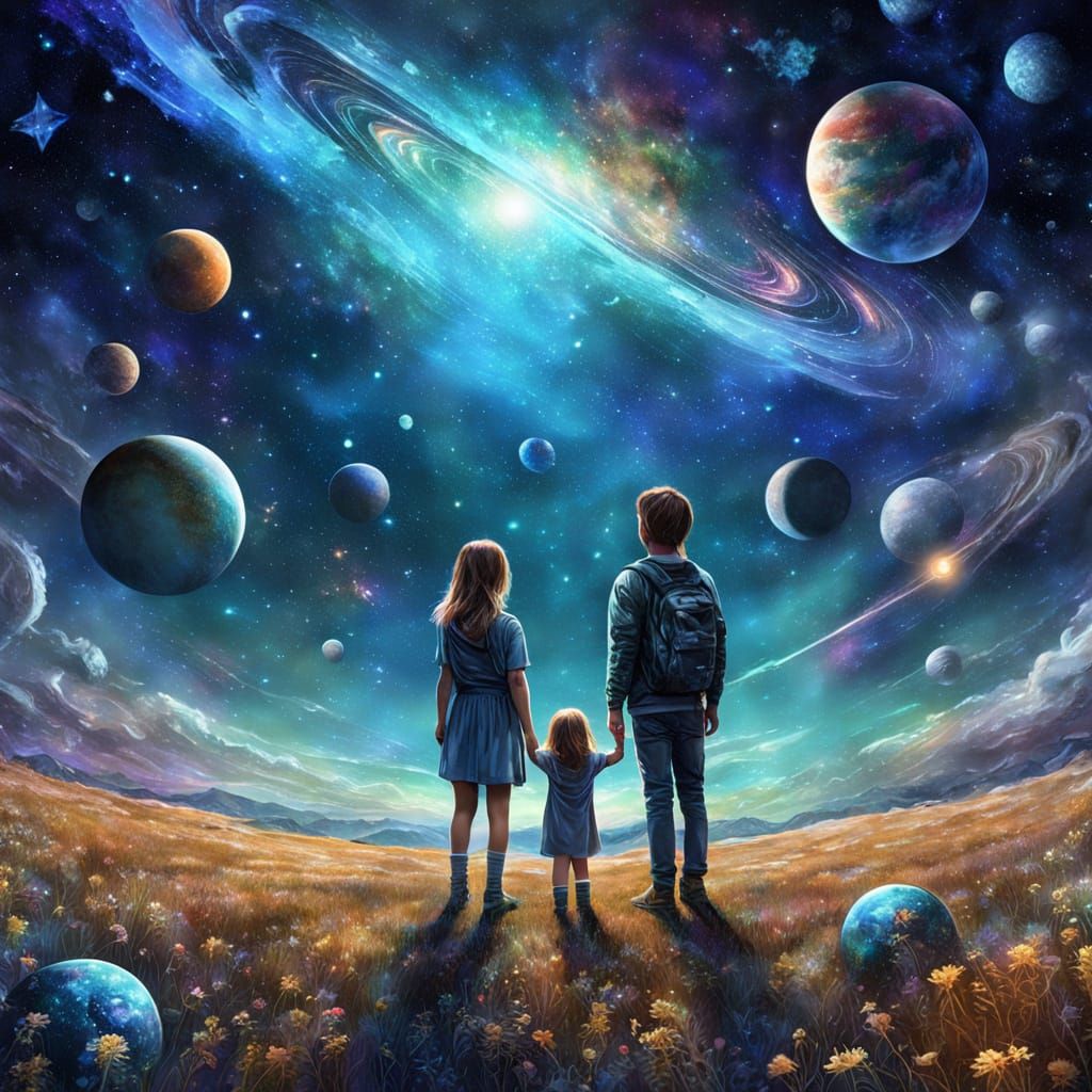 Children Gaze at Cosmic Wonders in Night Sky