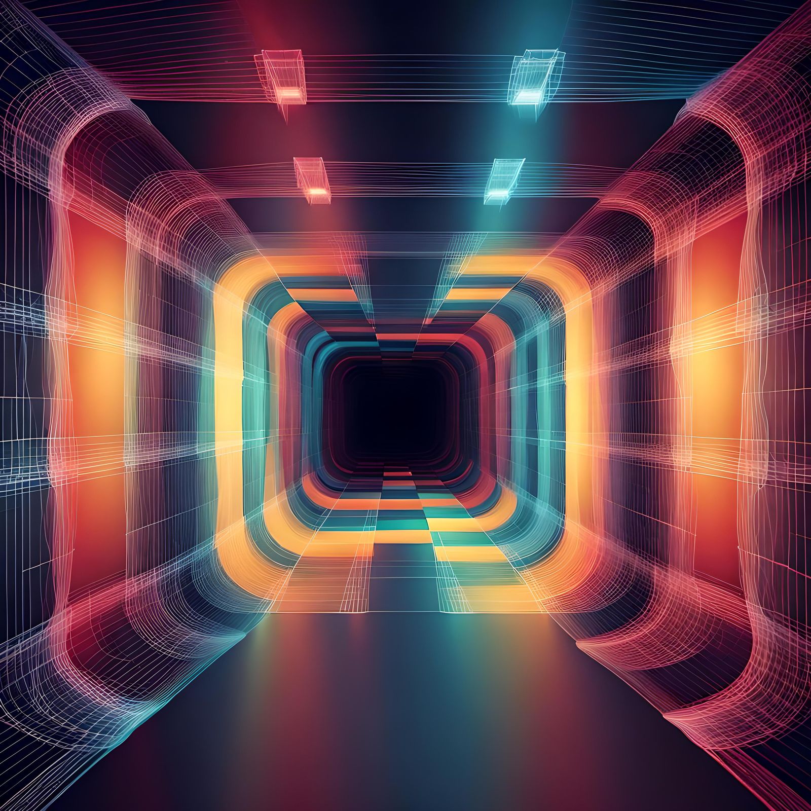 Abstract Multicolored Wireframe Tunnel to Space
