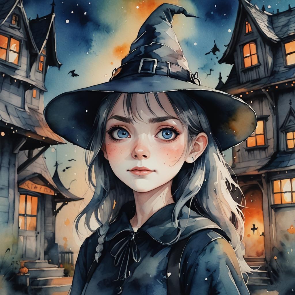 Cute Witch in Watercolor Style with Spooky Backdrop