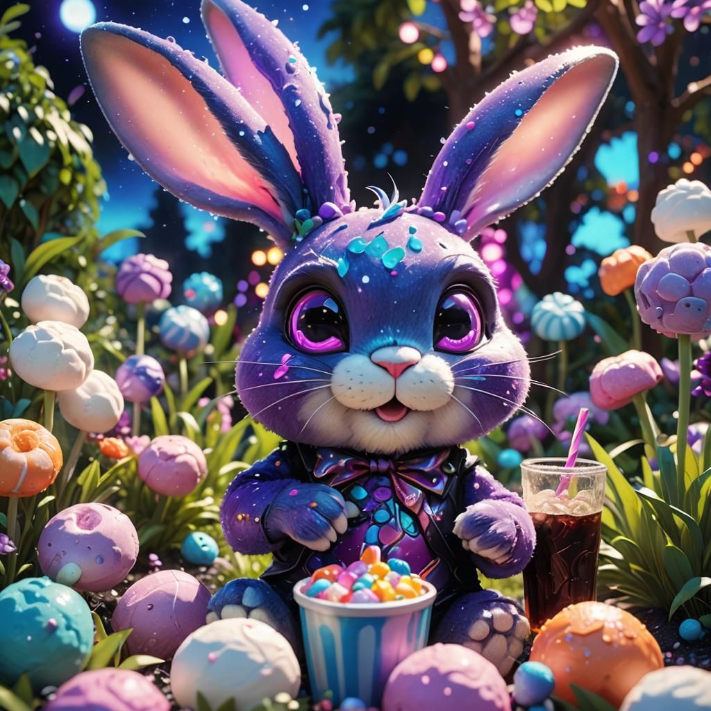 Cute Alien Bunny Enjoys Soda in Futuristic Garden