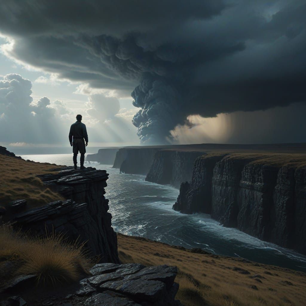 Heroic Figure at the Edge of a Stormy Landscape