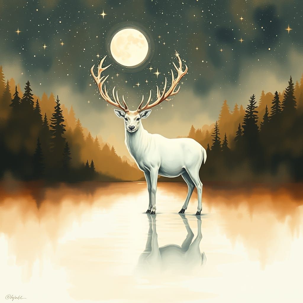 Luminous Stag in Moonlit Lake: Dreamlike Expressionism