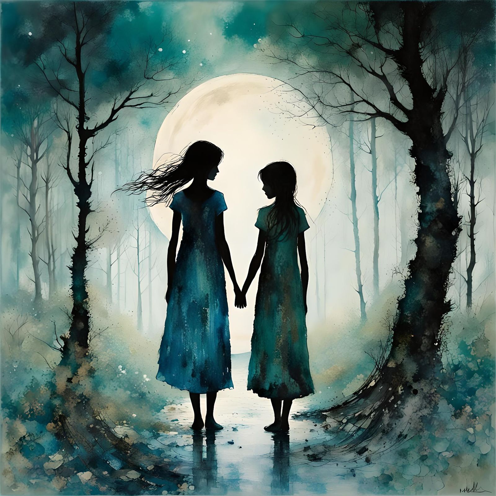 Enchanted Moonlit Forest Scene in Art Brut Style