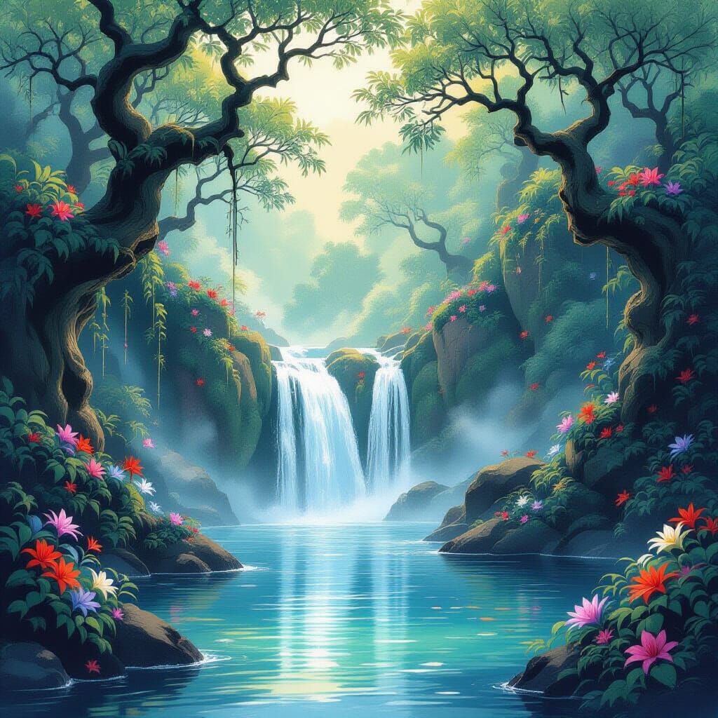 Mystical Waterfall Oasis in Ethereal Fantasy Art Style
