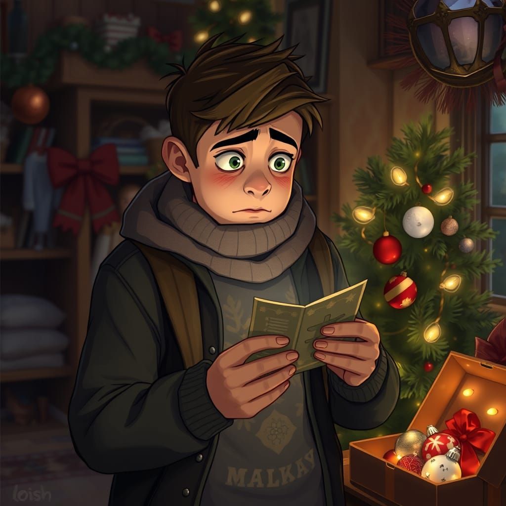 Worried Man Peering at Card in Cozy Room