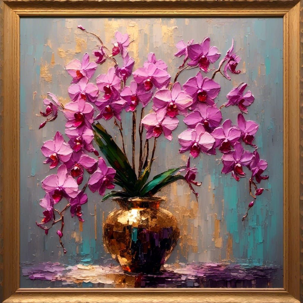 Orchid in Vase Impasto Oil Painting