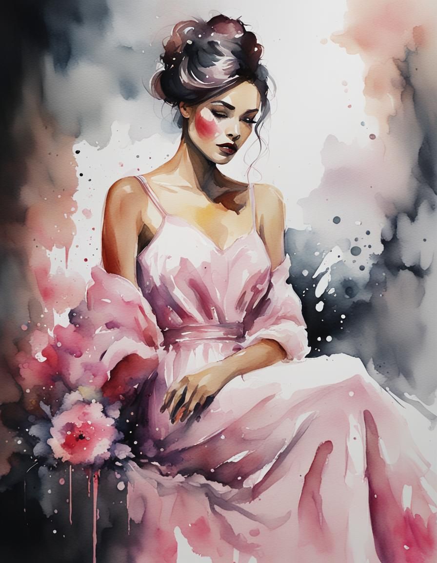 Lady in pink watercolour wet brush