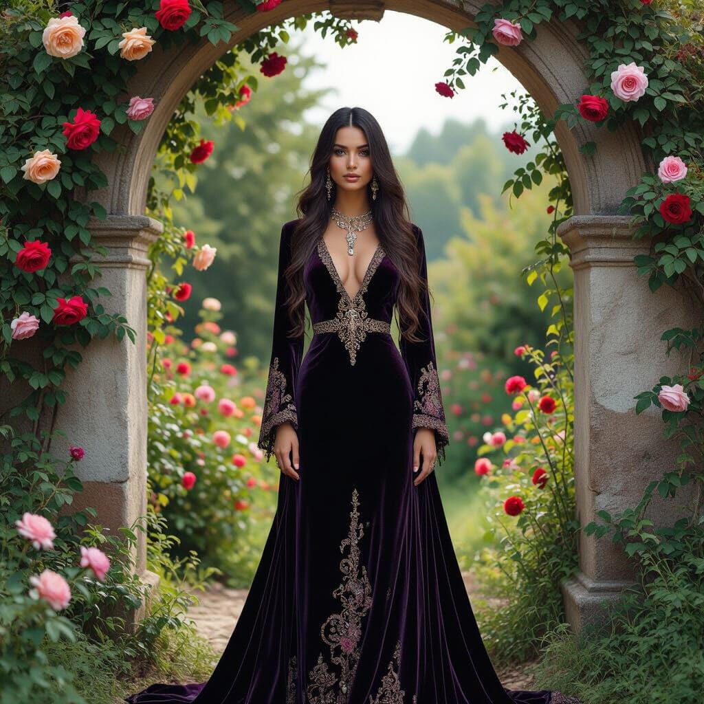 Hyperrealistic Woman in Velvet Dress Before Rose Arch
