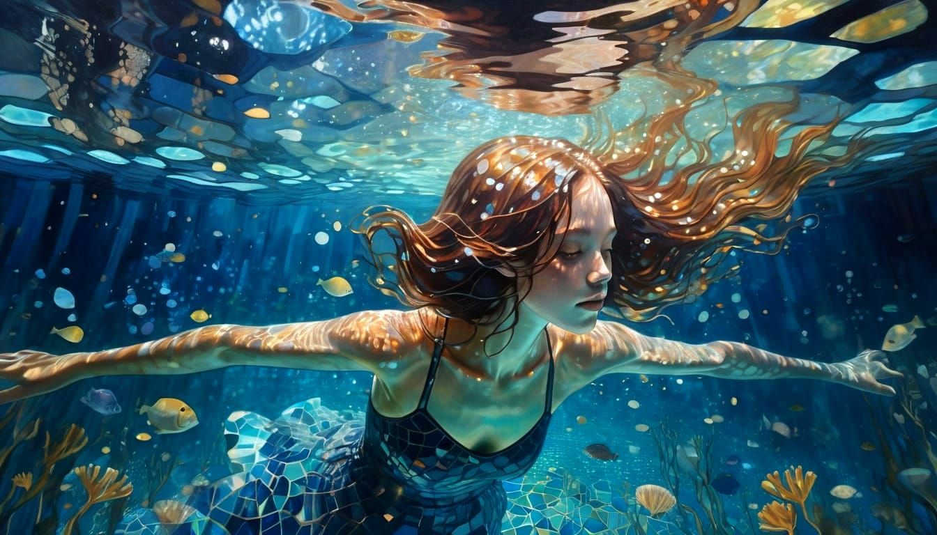 Ethereal Dreamer in Luminous Infinity Pool at Night