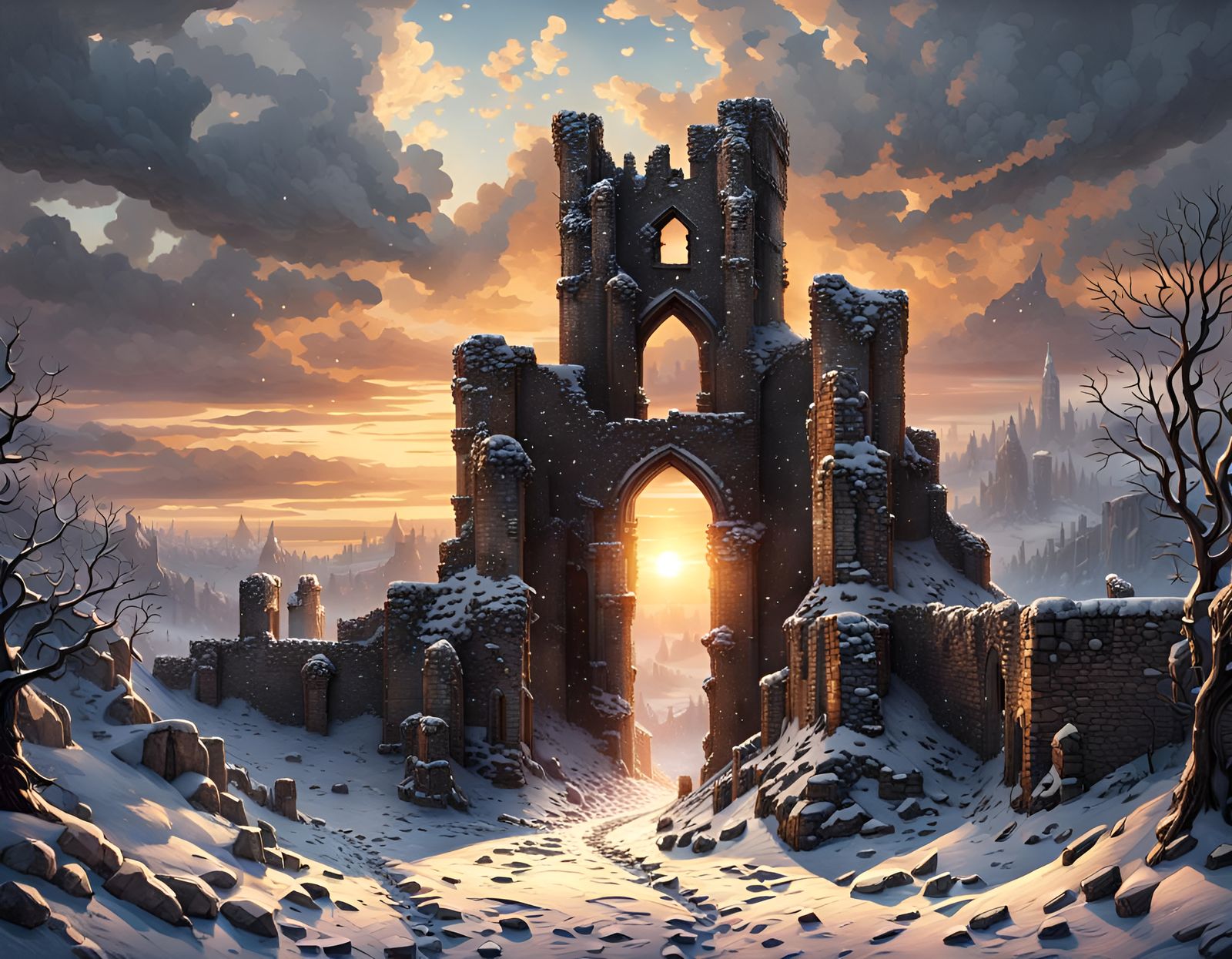 Ruined Castle in Winter Blizzard: Dark Fantasy Oil Painting