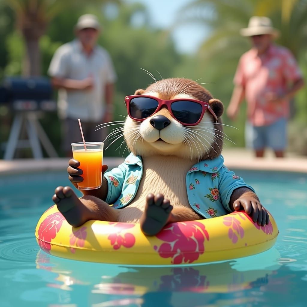 Cartoon Sea Otter Standing in Pool Wearing Hawaiian Shirt