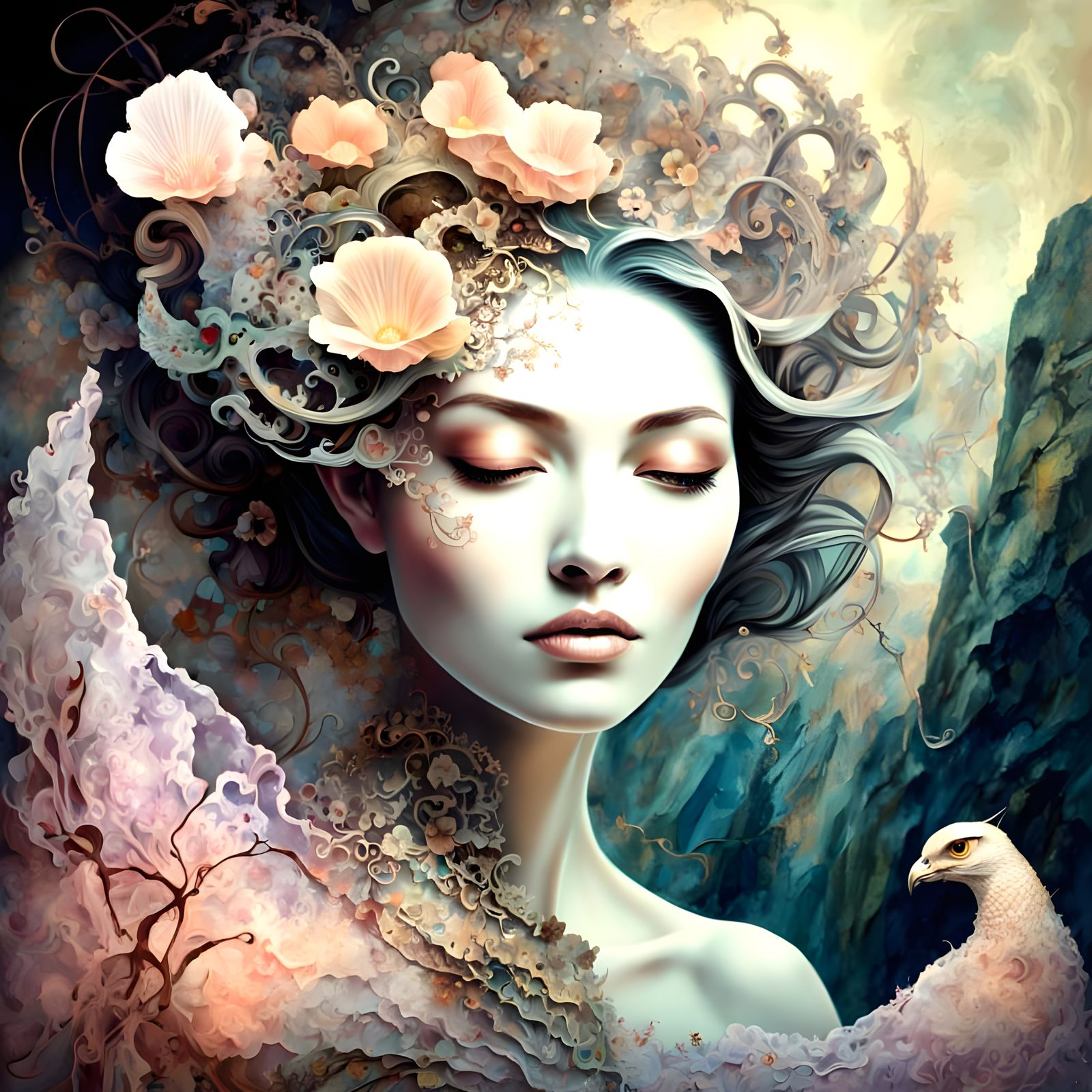 Intricate Geode Spider Woman in Retro Vogue Style