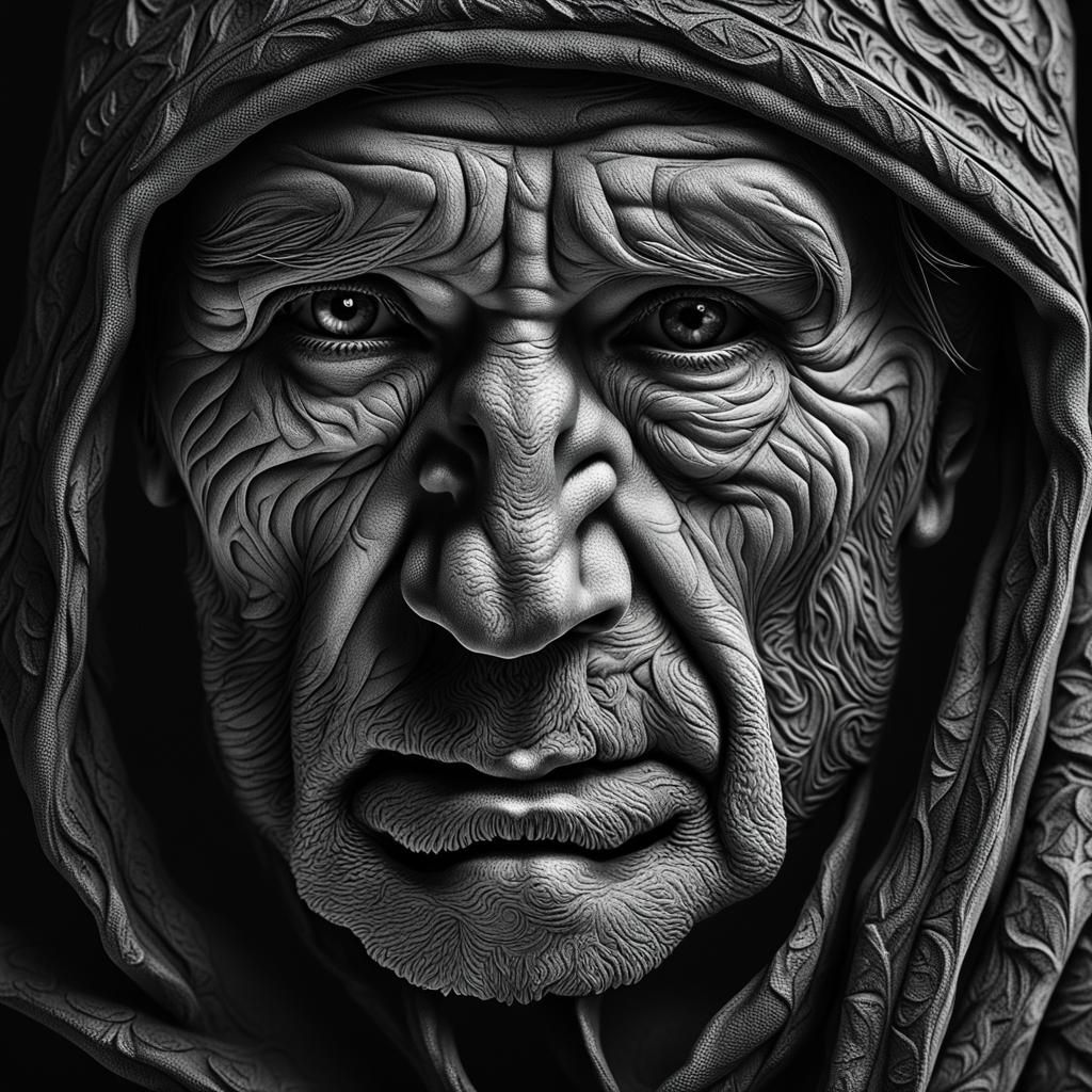 High-Contrast Grayscale Relief Portrait in 3D