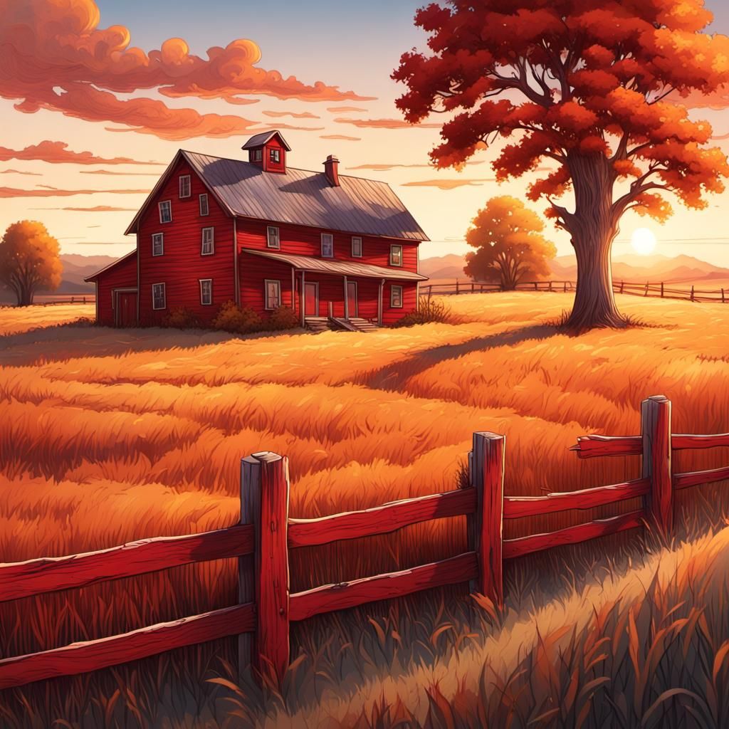 Vibrant Rustic Red Barn in Golden Fields
